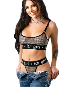 Icy Girl Metallic Fishnet Bralette & G-String Panty Black L/XL
