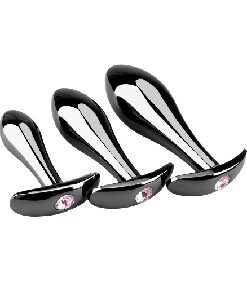 3 Sizes Iridescent Metal Anal Plug Set with Pink Gemstone